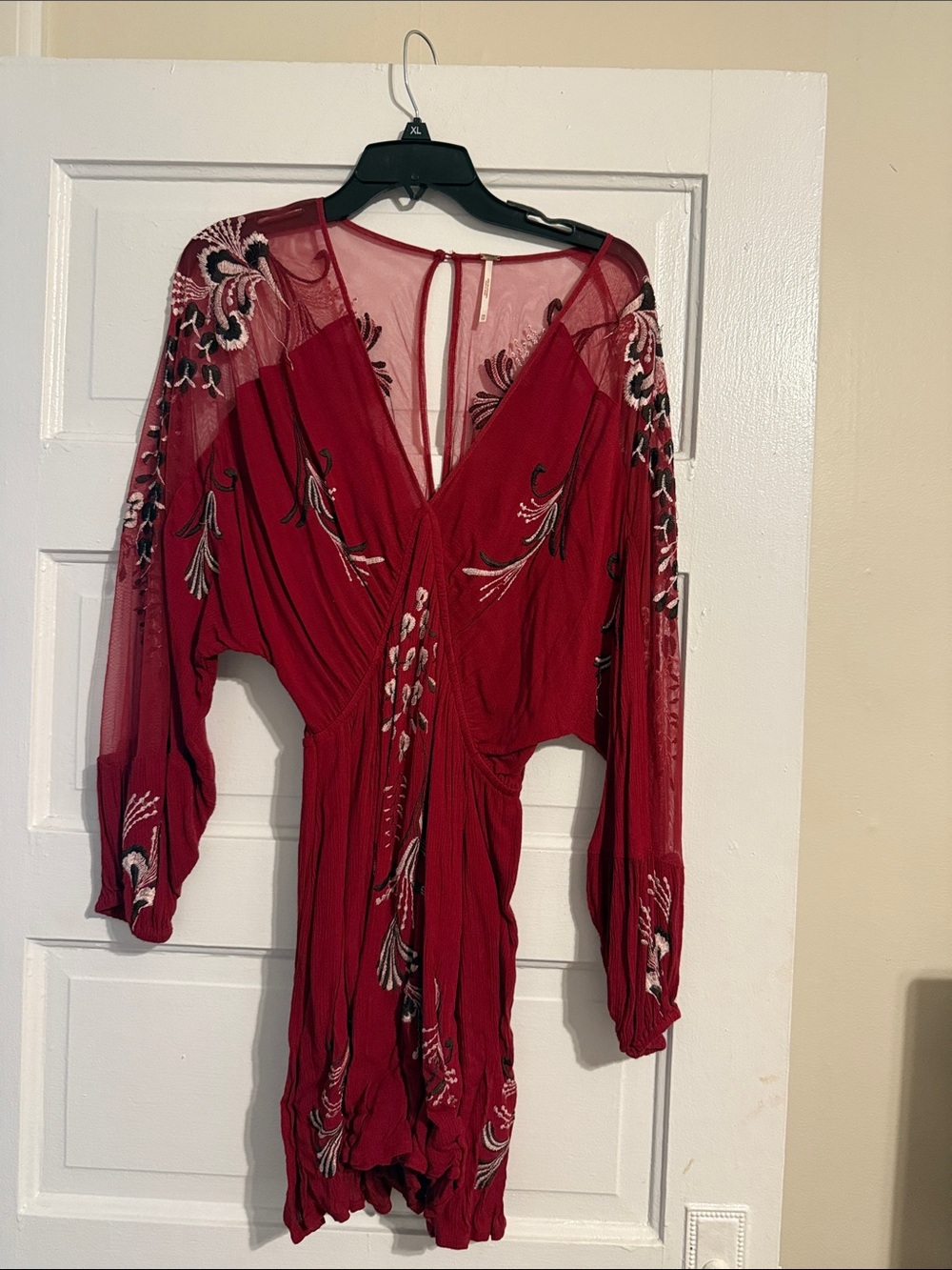 Free People Red Embroidered V-Neck Dress with Sheer Sleeves